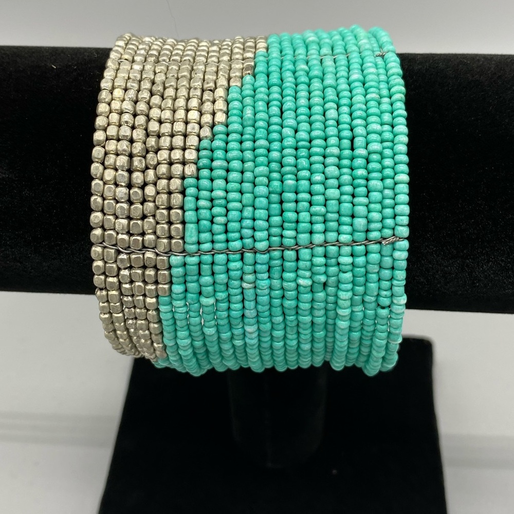 Turquoise and Silver Beaded Cuff Bracelet